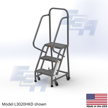Load image into Gallery viewer, Industrial Rolling Ladder - 3 Step 16"W Perforated Tread Knocked Down Handrails - L3020HKD